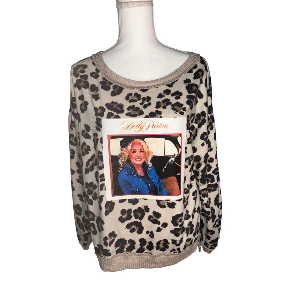 Upcycled Dolly Parton Leopard Print Sweatshirt Ladies Small Over-sized